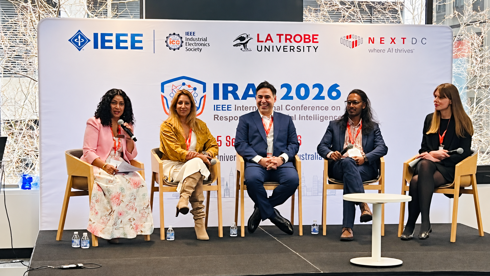 The 'Human Skills for an AI World' panel on stage at IRAI 2026, Melbourne